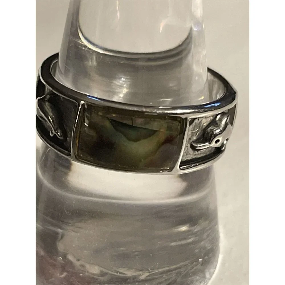 Abalone Shell Silver Tone Inlay Dolphin Ring‎ Band Size 9.5  Beach Vacation A122